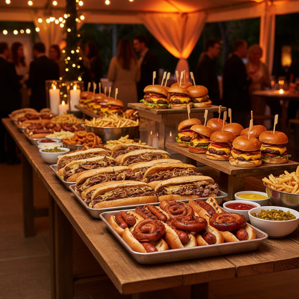 A Phillys catering table stacked with grinders, dogs, and sides