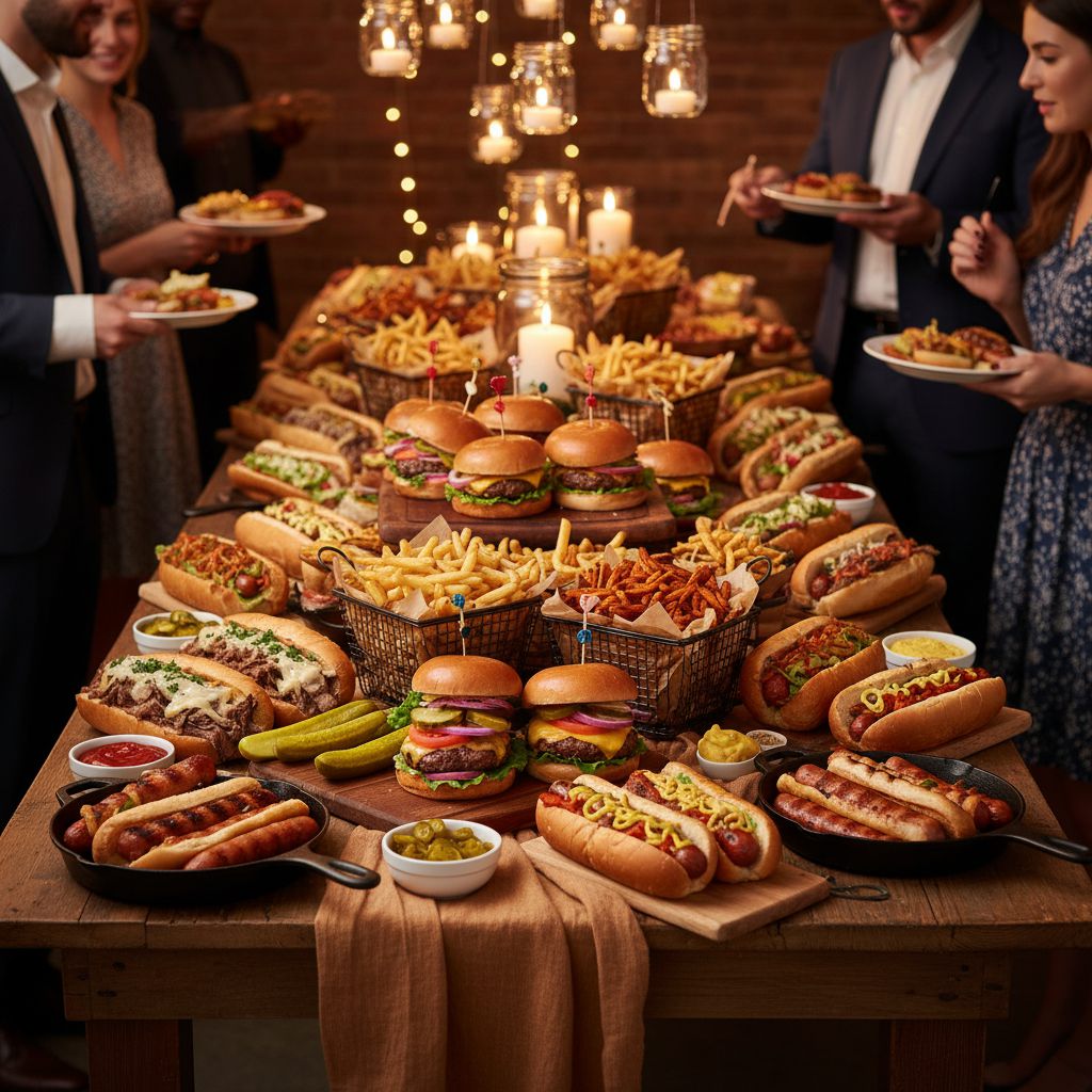 A party table covered in Phillys grinders, dogs, and sides