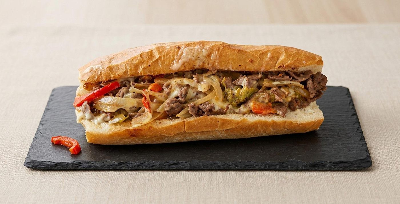 Philly Cheese grinder — hand-sliced steak, grilled peppers and melted mozzarella on a toasted roll