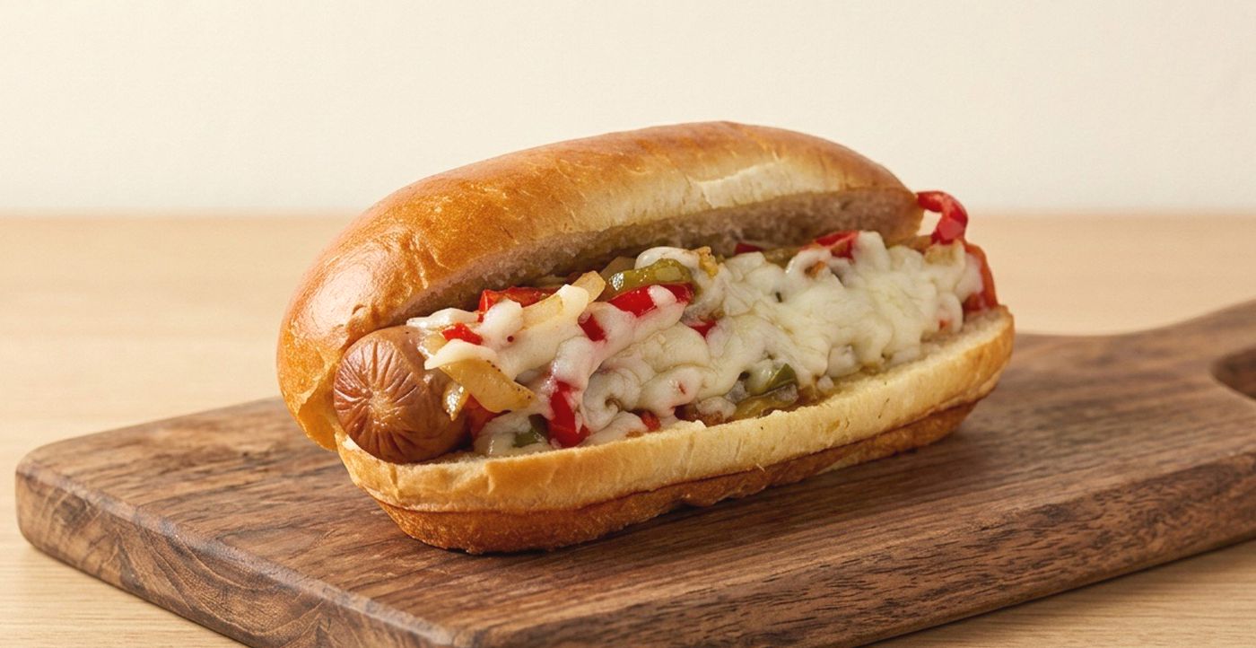 Philly Style Dog — grilled dog loaded with sautéed onions and peppers