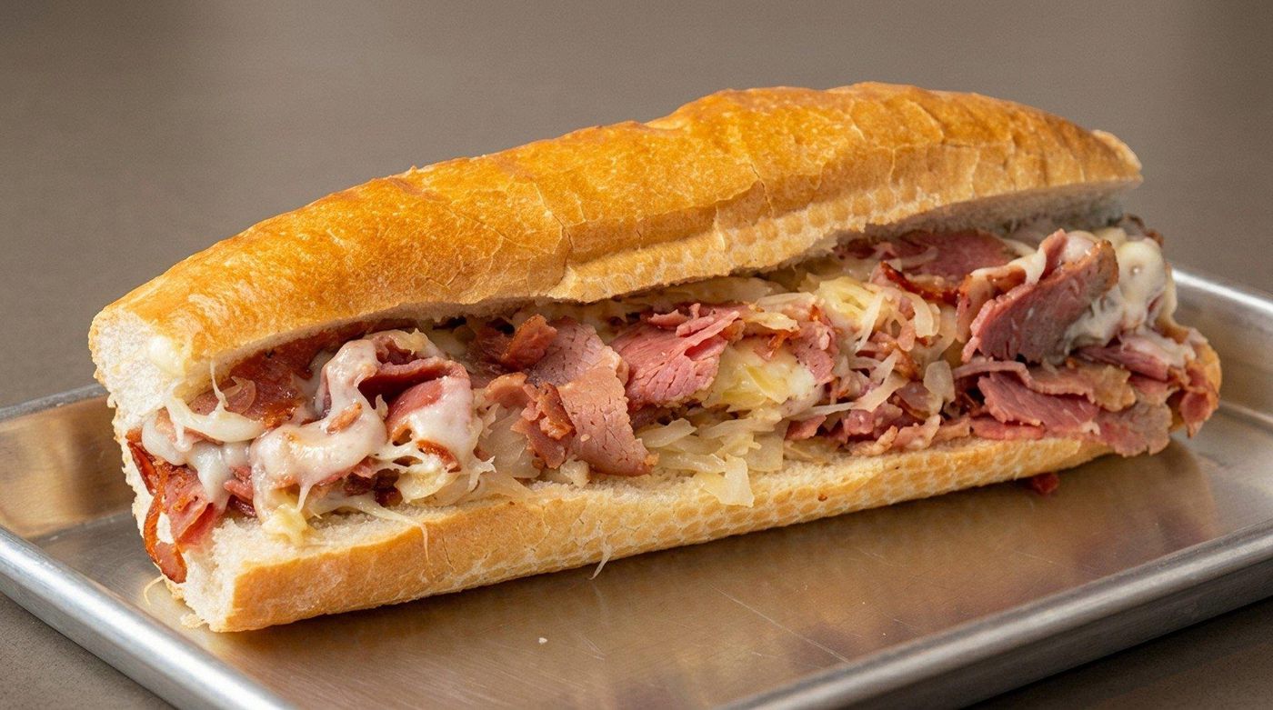Reuban grinder — stacked pastrami with melted cheese on a toasted roll